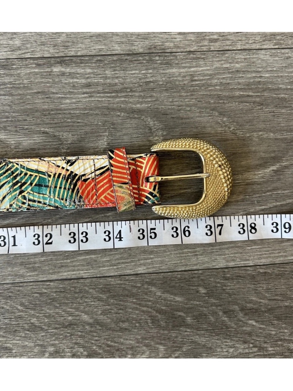 Vintage 80s Abstract Painted Leather Belt Gold Buckle USA M/L 38” - Picture 9 of 14